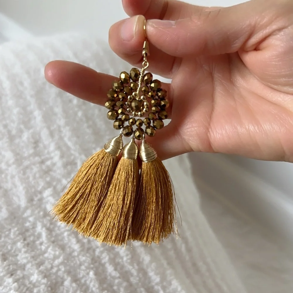 Elegant Gold and Brown Tassel Earrings